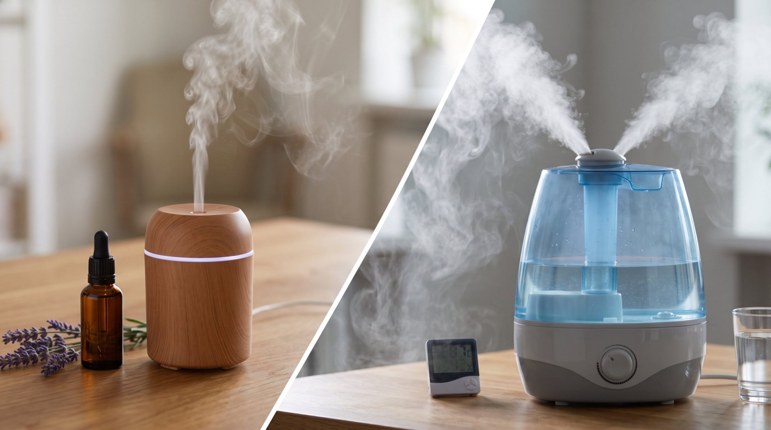 A wooden aroma diffuser with lavender and essential oil on the left, and a larger blue-and-white humidifier misting on the right