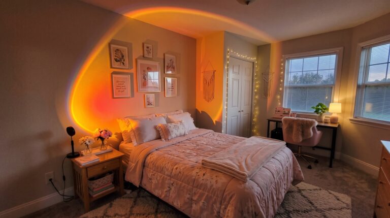 A sunset lamp on a bedside table casting a glowing arc of orange and violet light across the wall of a cozy blush-pink bedroom with fairy lights